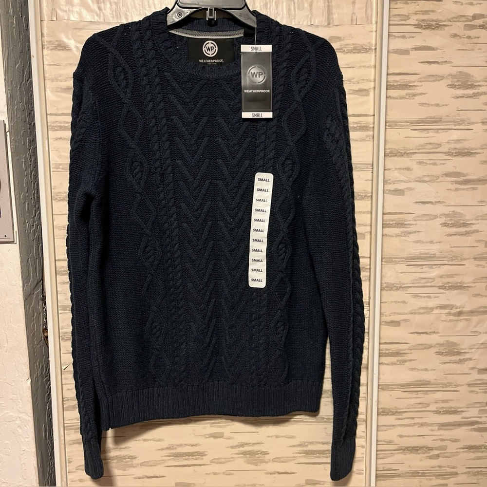 WP Weatherproof Men's SMALL Easy Care Classic Cable Knit Sweater Navy NWT